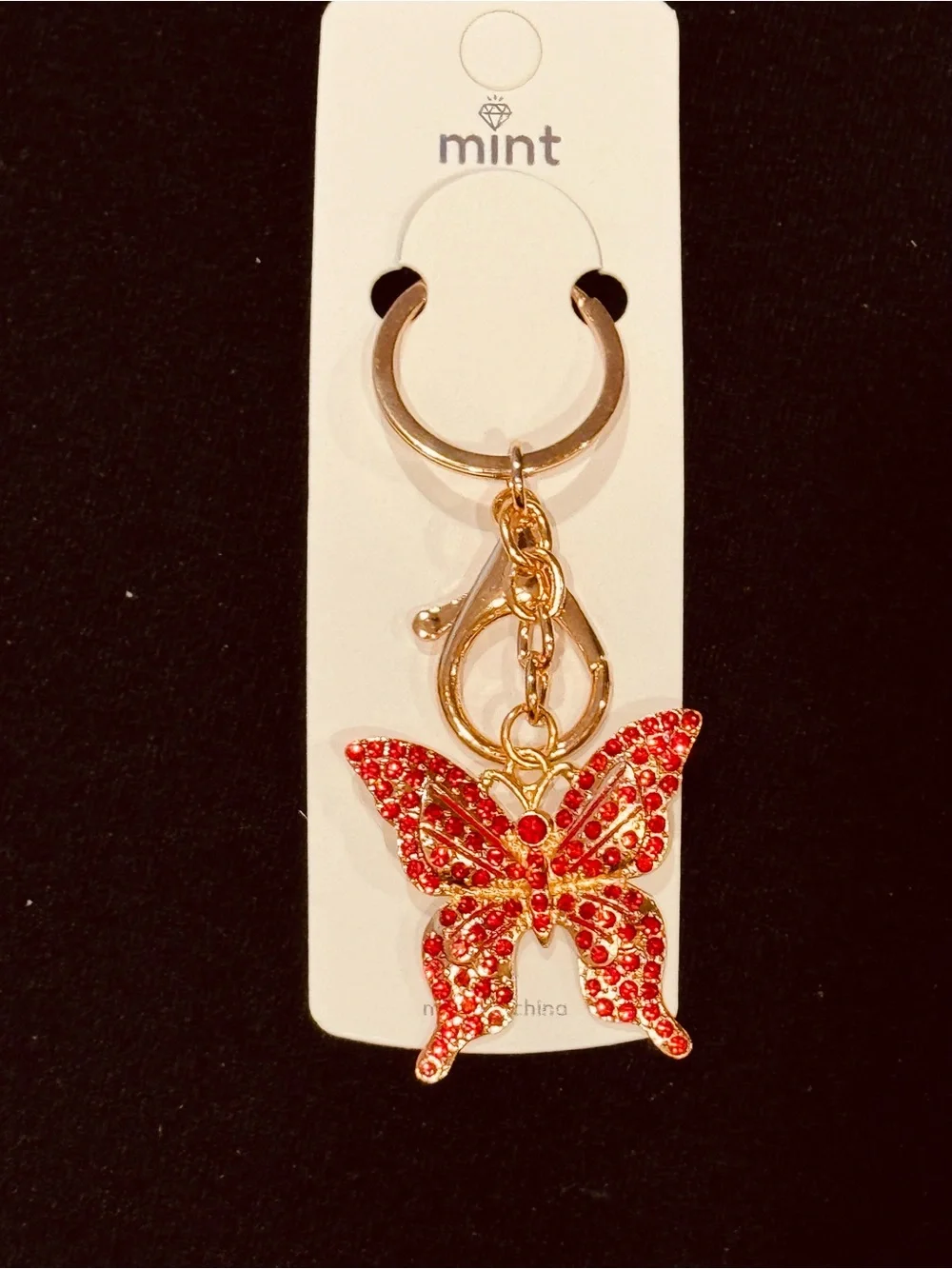 Mint Gold-Tone Keychain with Red Crystal Butterfly Charm NWT
